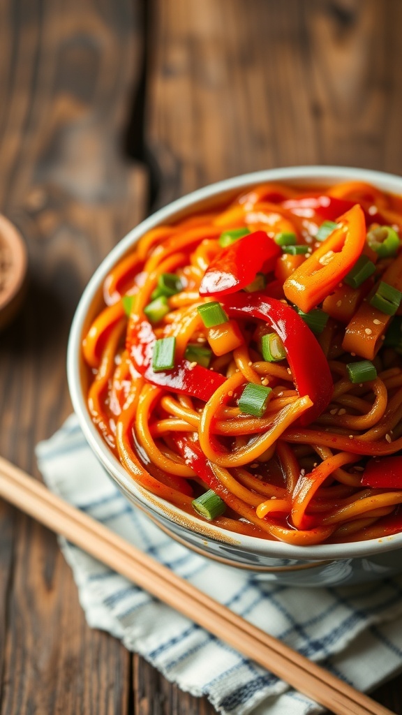 A bowl of spicy Korean noodles with vegetables, garnished with sesame seeds and green onions on a wooden table.